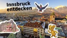 Cover des Innsbruckfilms - Foto der Altstadt aus einer erhöhten Position mit den Charakteren Maus, der Jochdohle und der Höttinger Breccie